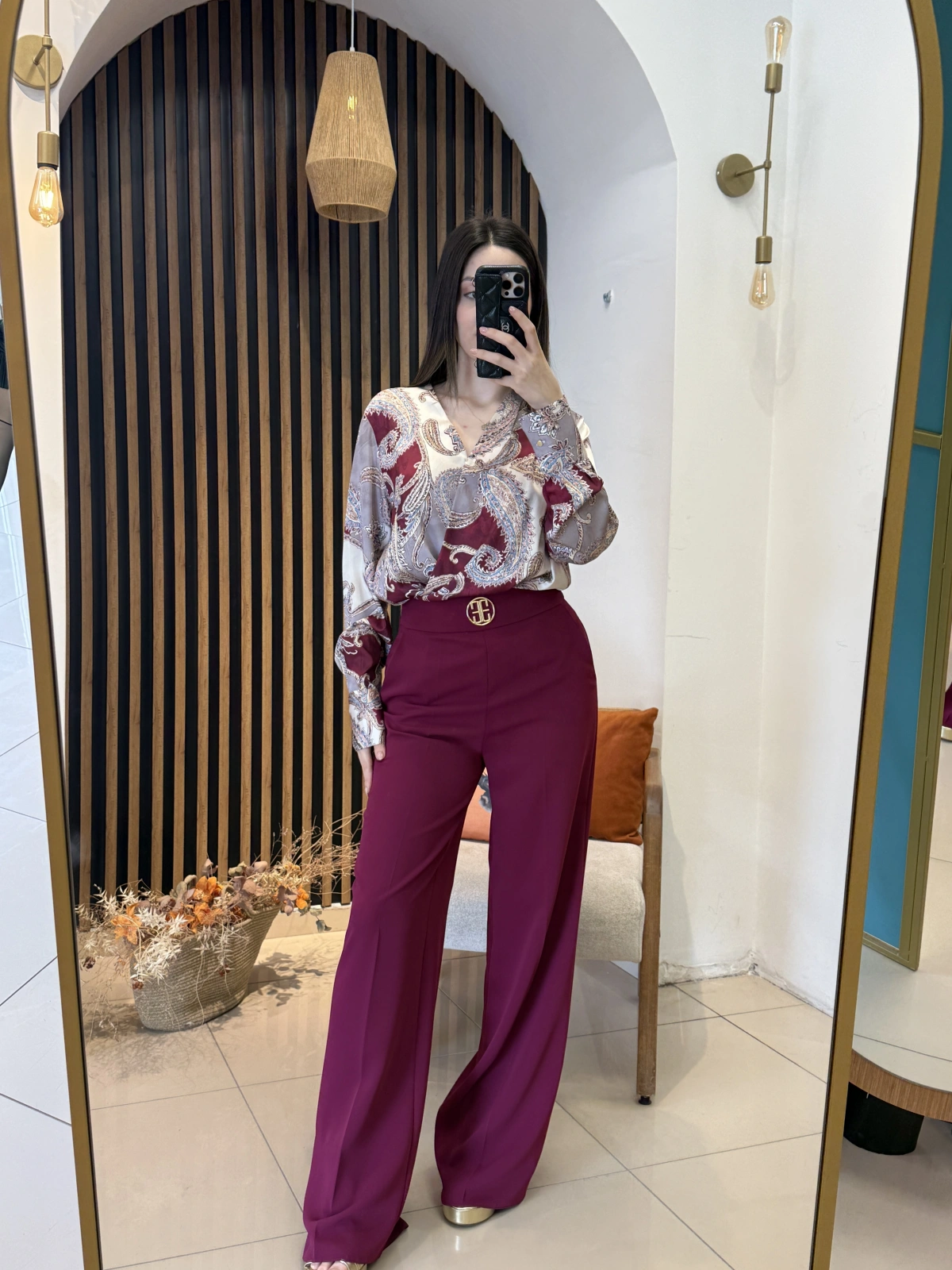 Serena Şal Desenli Bluz & Bordo Pantolon Takım