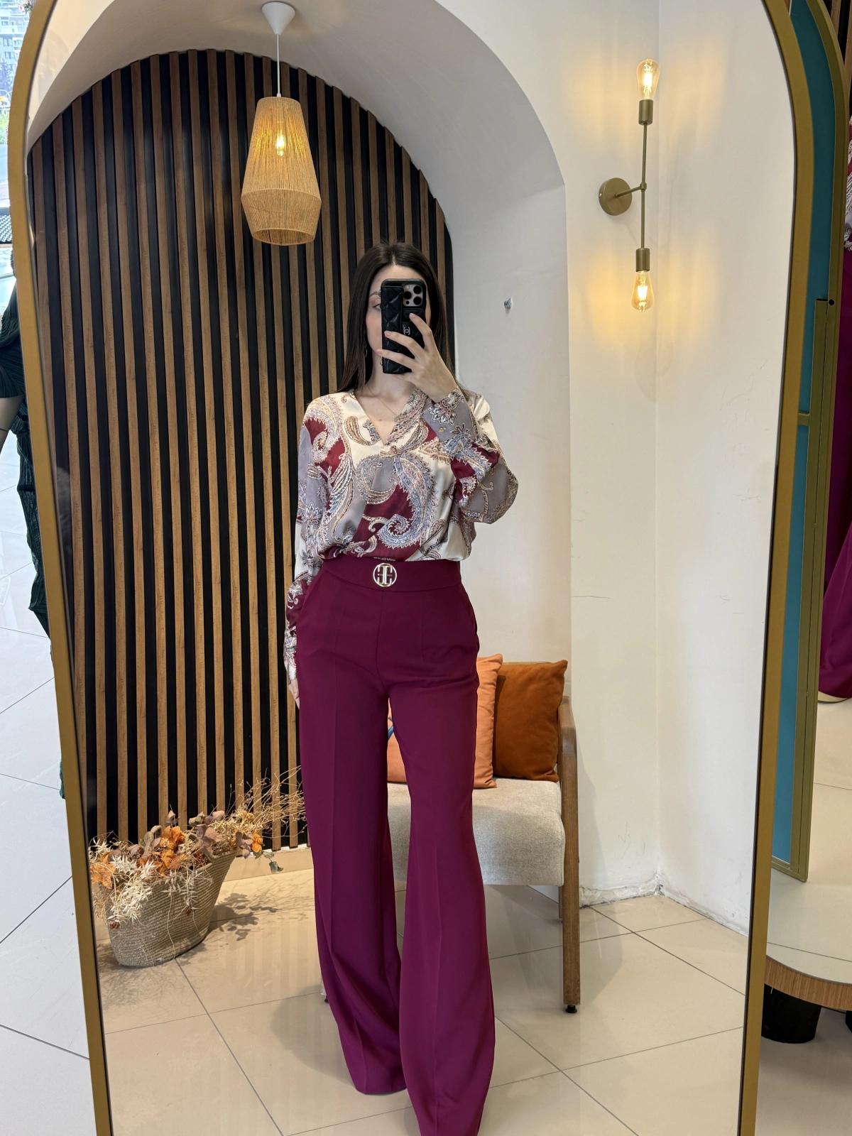 Serena Şal Desenli Bluz & Bordo Pantolon Takım