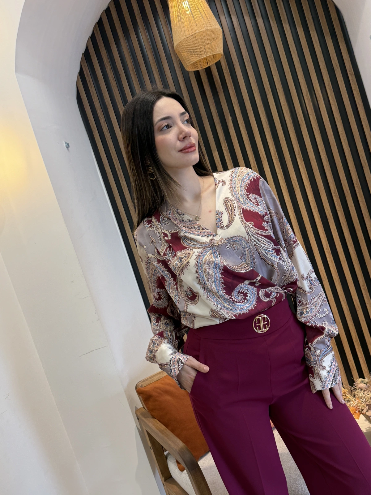 Serena Şal Desenli Bluz & Bordo Pantolon Takım