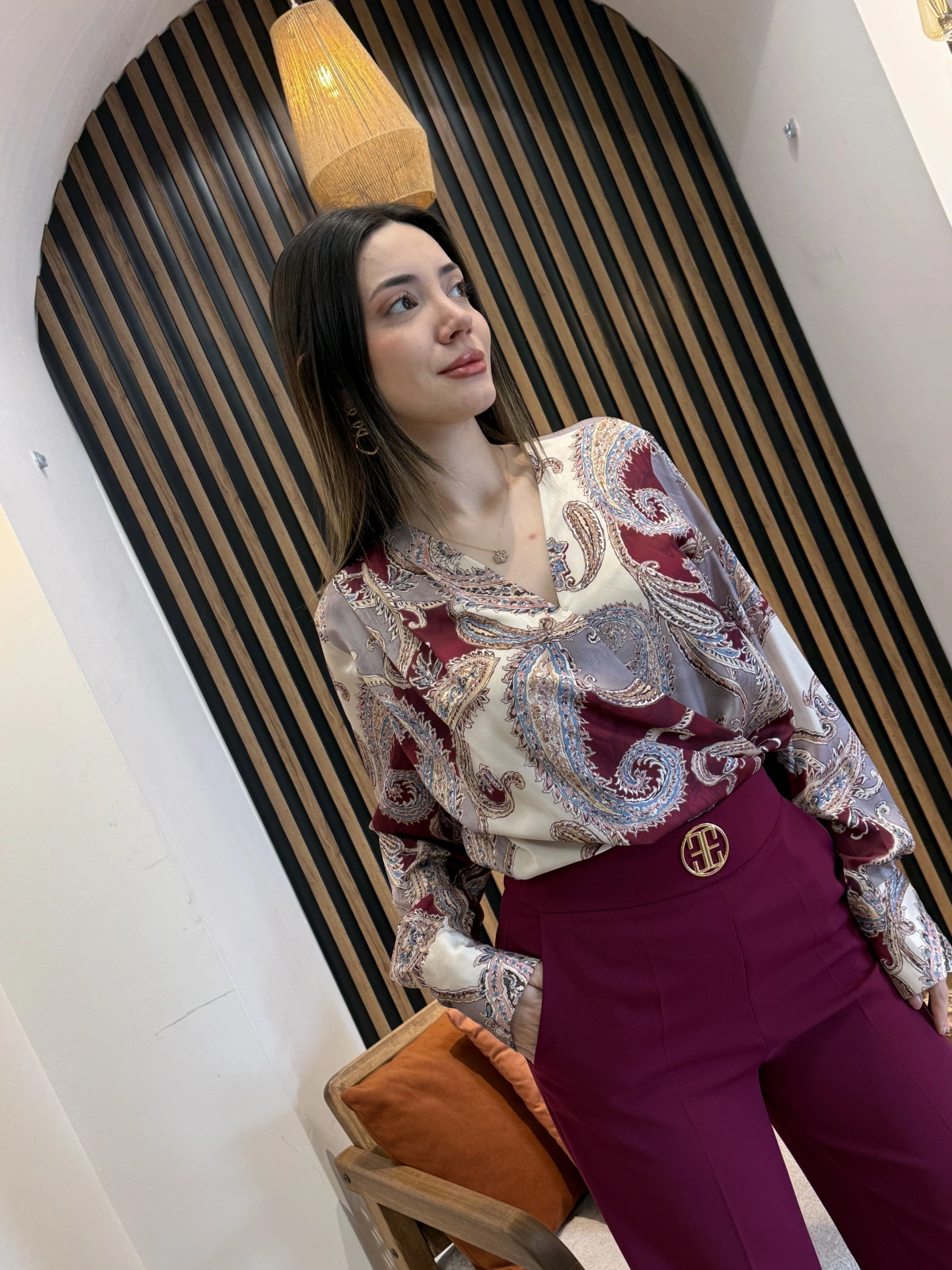Serena Şal Desenli Bluz & Bordo Pantolon Takım