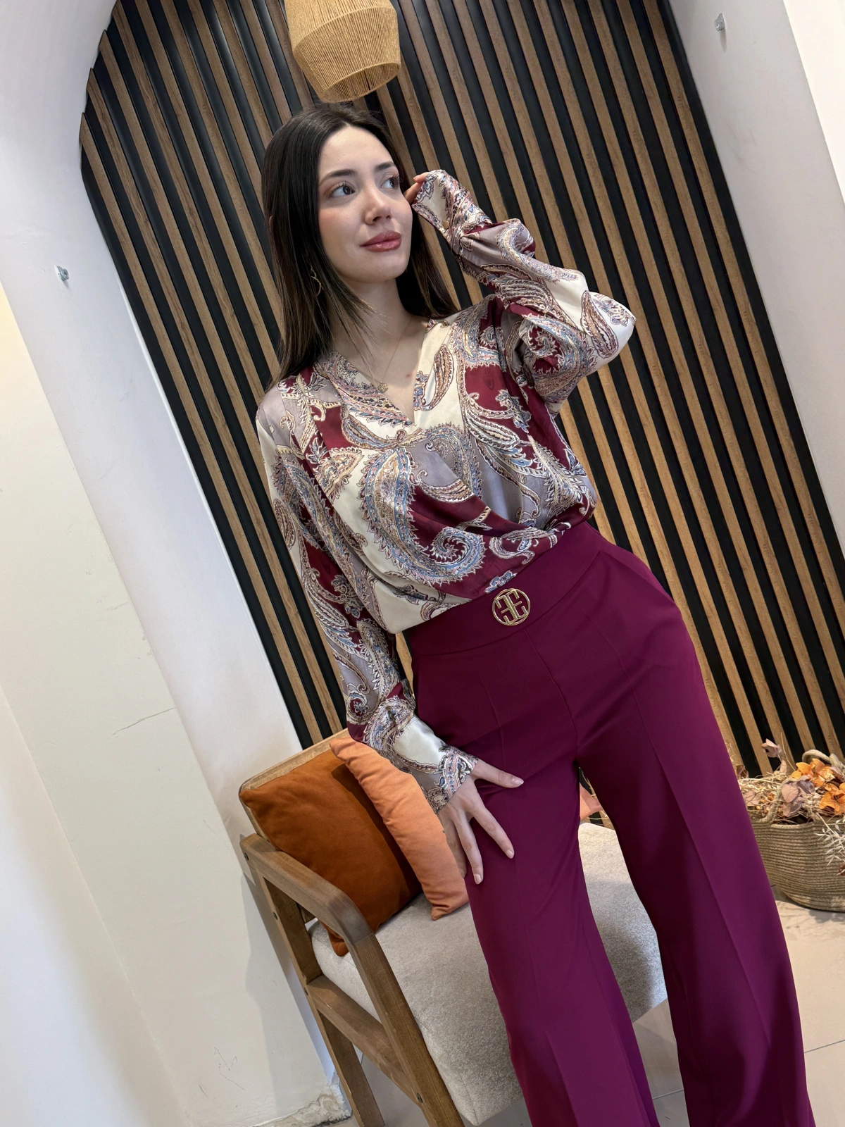 Serena Şal Desenli Bluz & Bordo Pantolon Takım