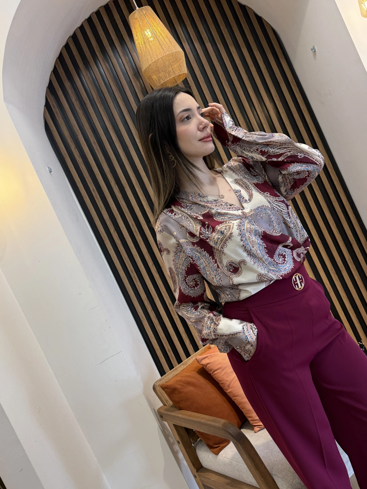 Serena Şal Desenli Bluz & Bordo Pantolon Takım