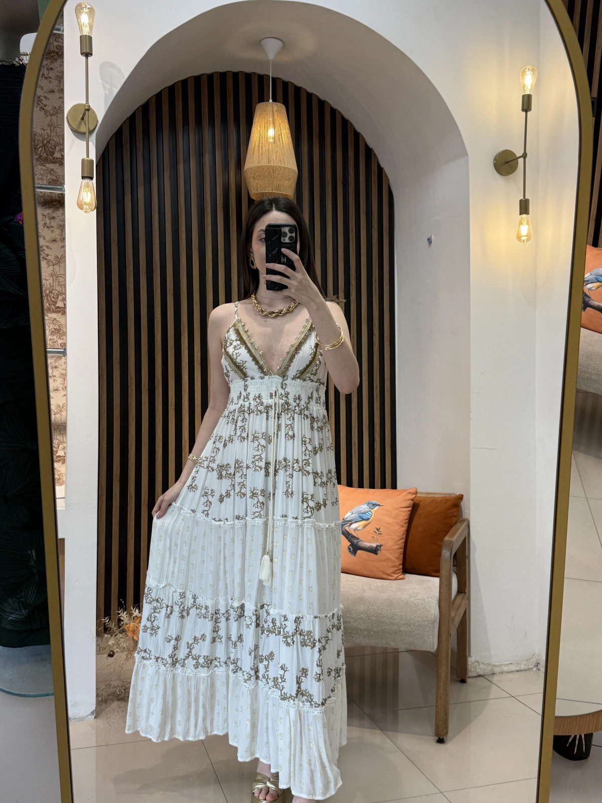 Livia Gold İşlemeli Ekru Maxi Elbise