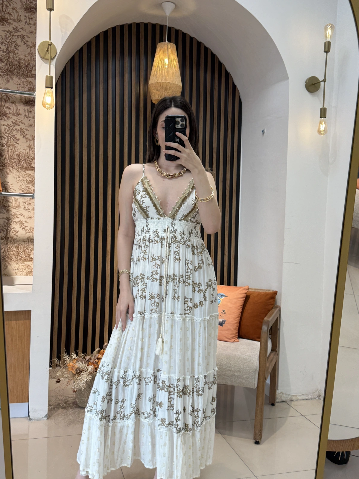 Livia Gold İşlemeli Ekru Maxi Elbise