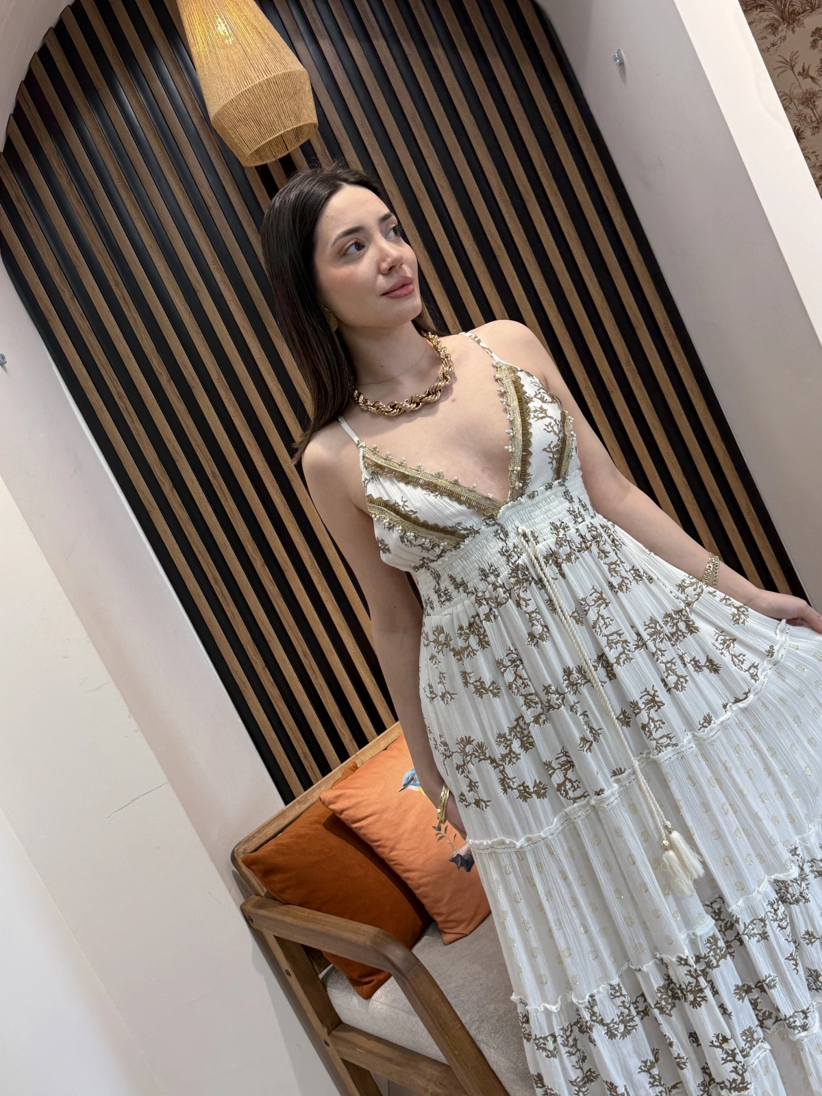 Livia Gold İşlemeli Ekru Maxi Elbise