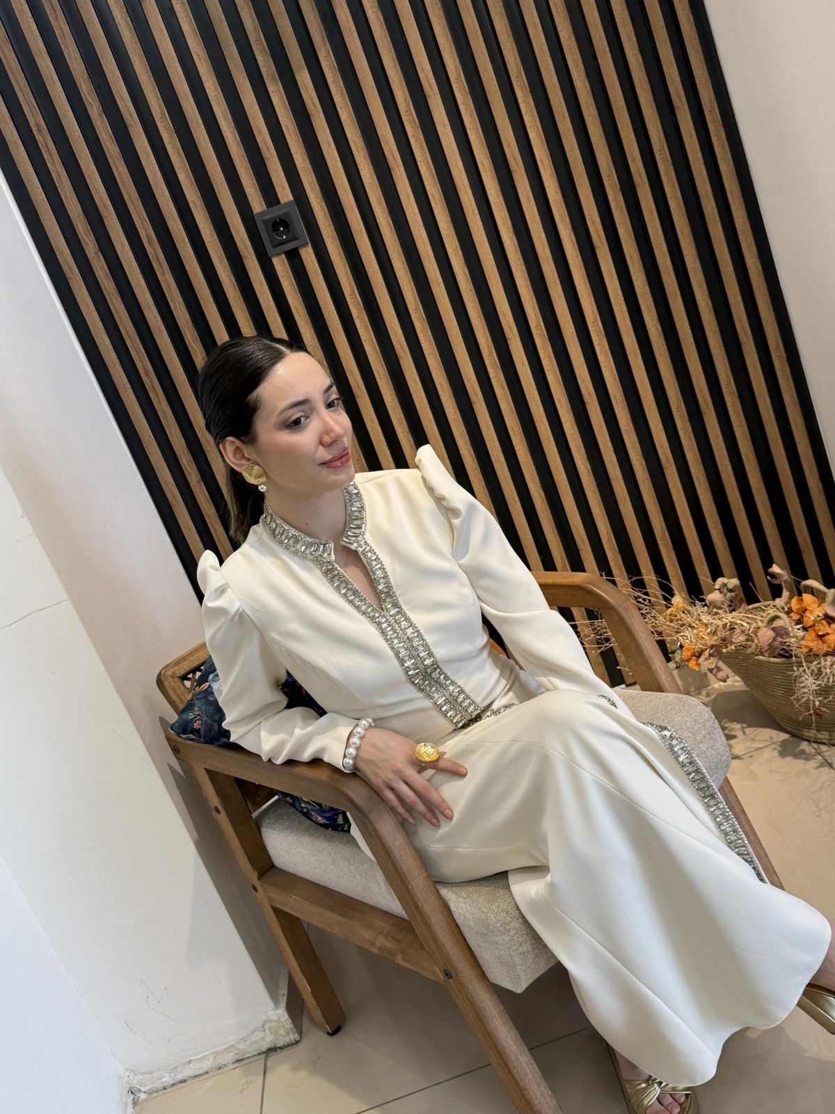 Alessia Ekru Taş İşlemeli Uzun Abiye Elbise