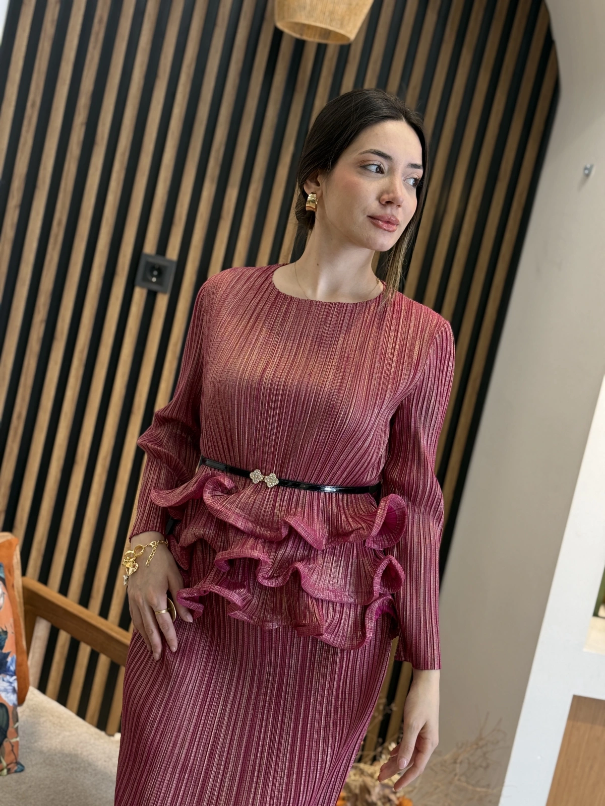 Mirella Fuşya Fırfır Detaylı Kemerli İkili Takım