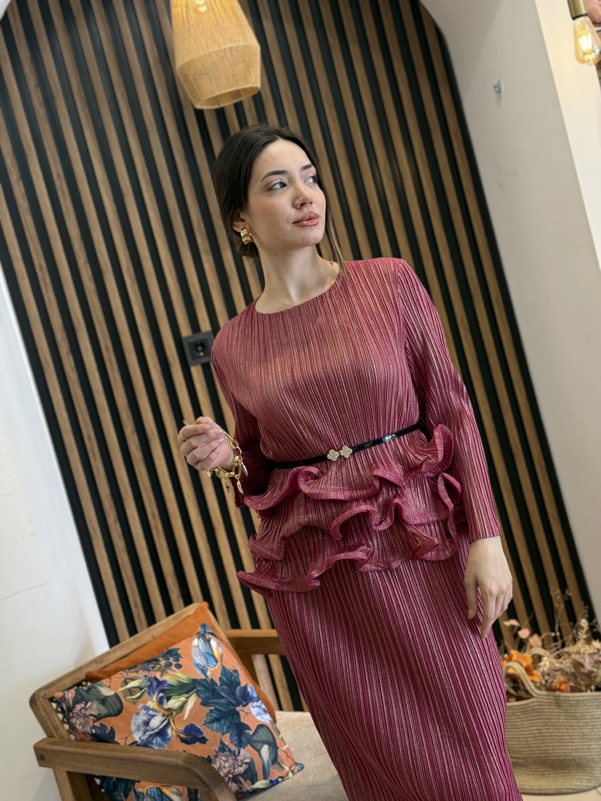 Mirella Fuşya Fırfır Detaylı Kemerli İkili Takım