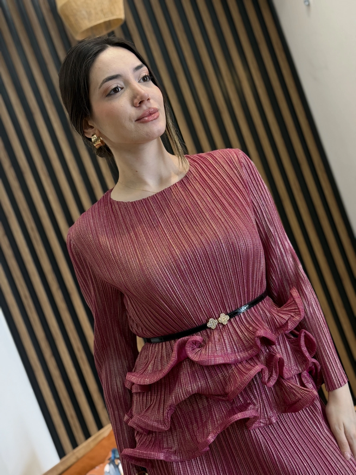 Mirella Fuşya Fırfır Detaylı Kemerli İkili Takım