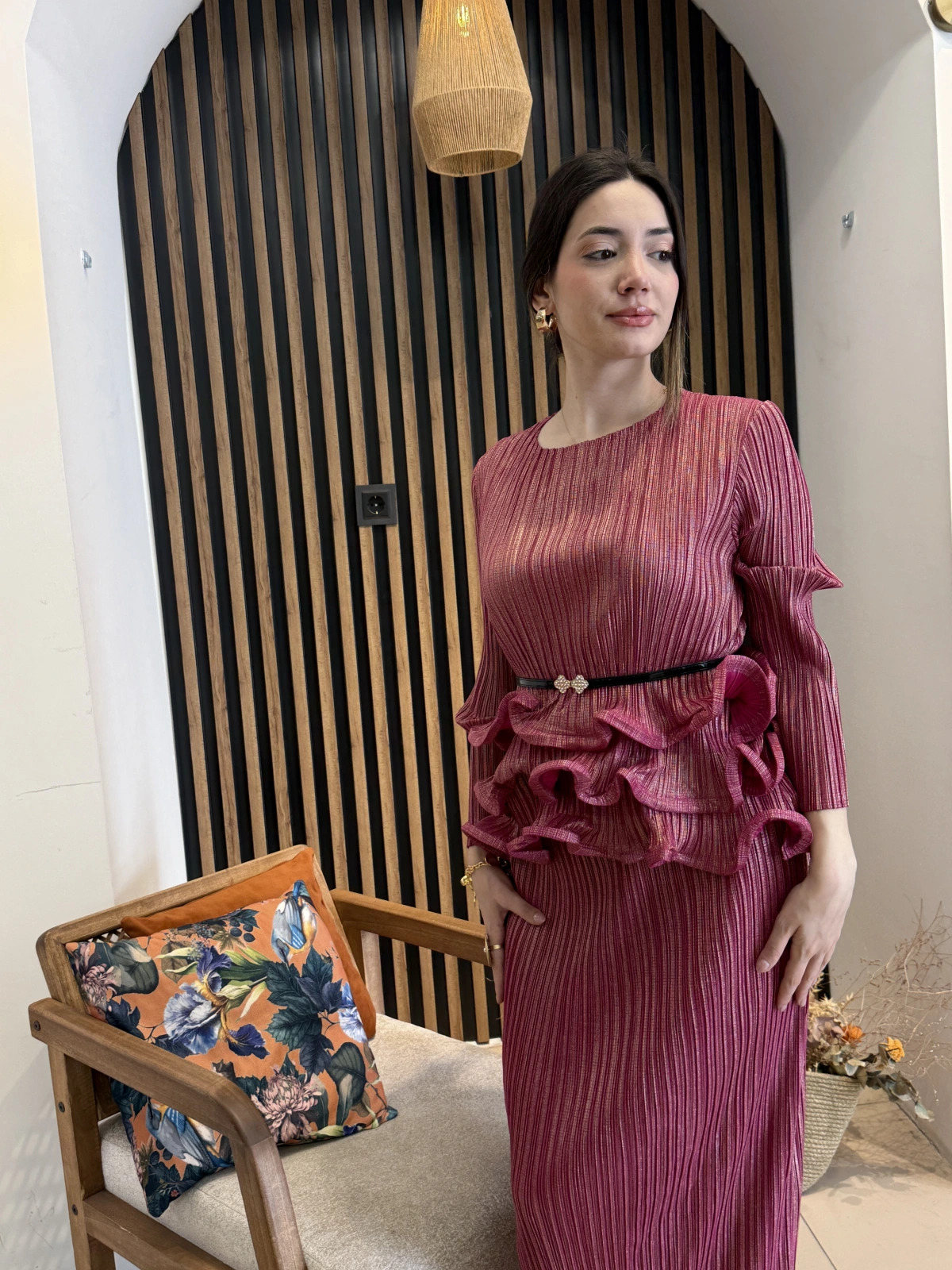 Mirella Fuşya Fırfır Detaylı Kemerli İkili Takım
