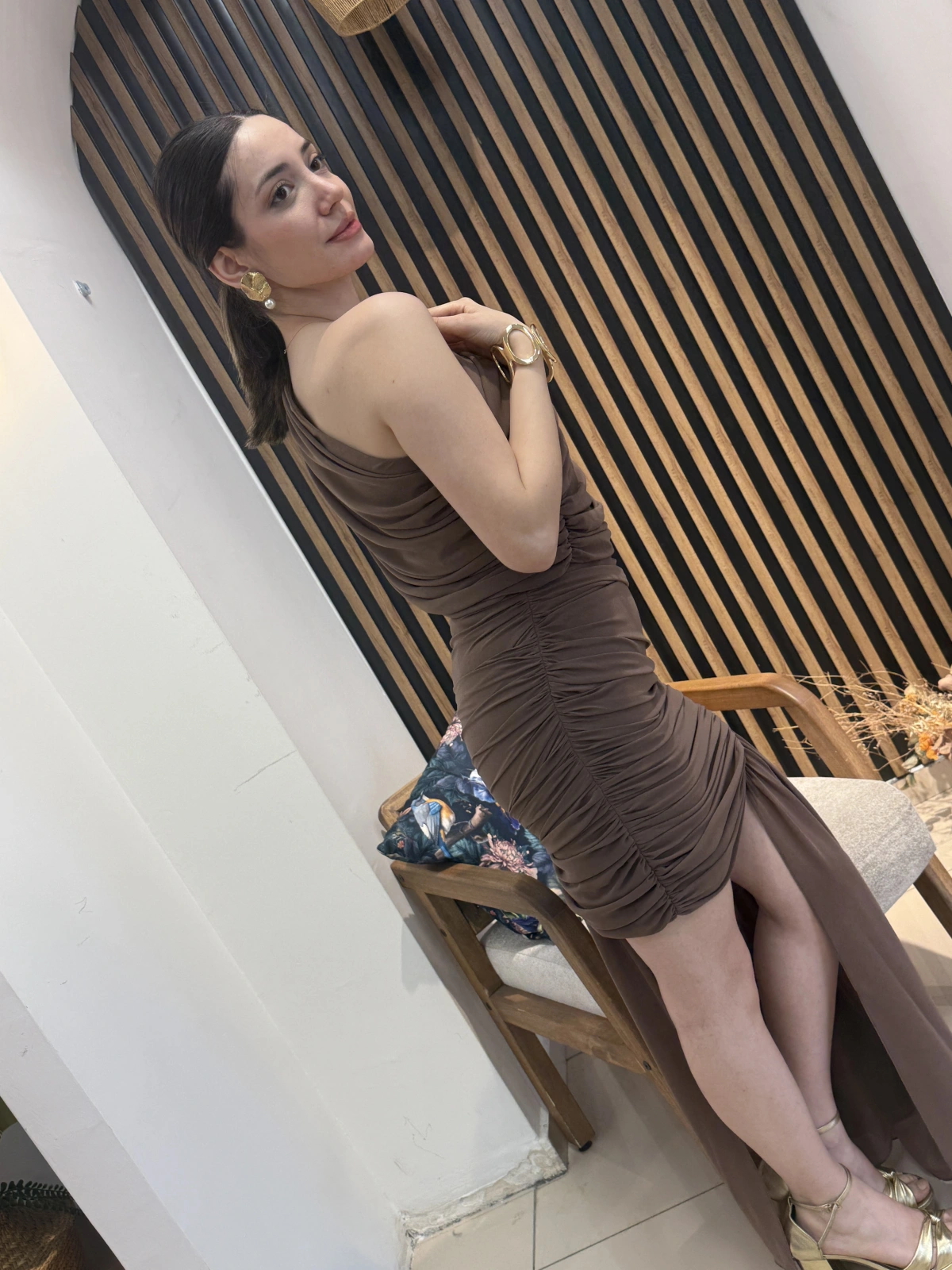 Alessia Kahve Tek Omuz Drapeli Abiye Elbise