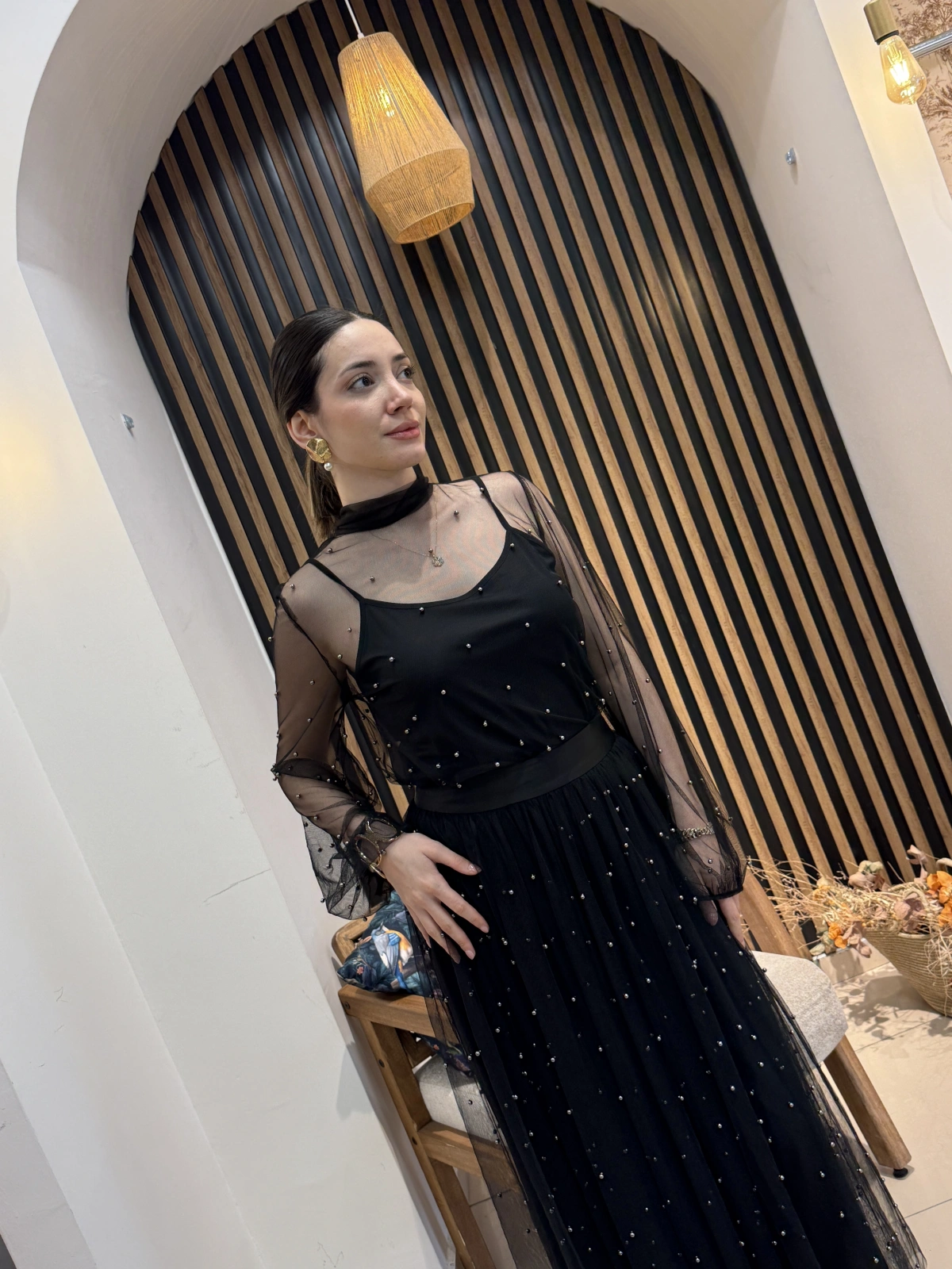 Lavin Siyah Taş Detaylı Tül Abiye Takım