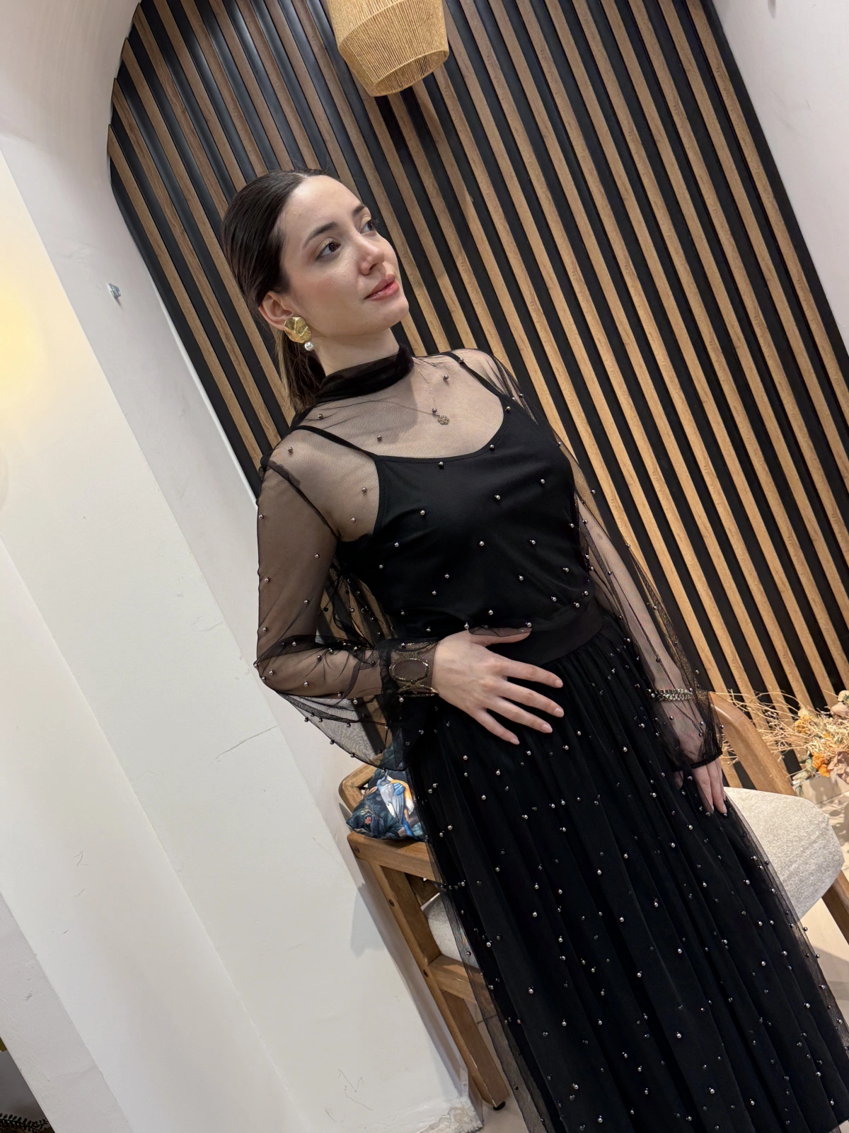 Lavin Siyah Taş Detaylı Tül Abiye Takım