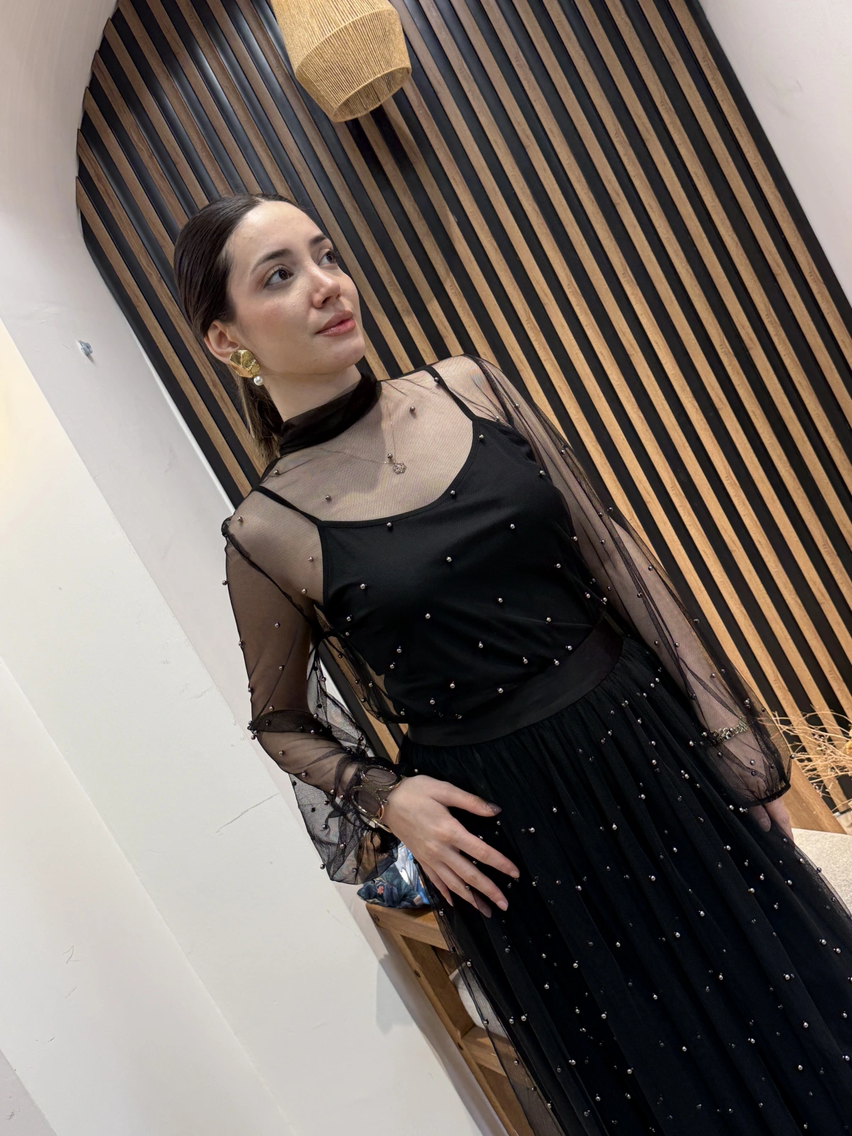 Lavin Siyah Taş Detaylı Tül Abiye Takım