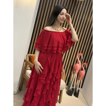 Flamenco Omuz Dekolteli Volanlı Şifon Elbise