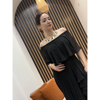 Mila Omuz Dekolteli Pliseli Şifon Elbise