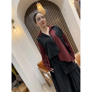 Asimetrik Fermuarlı Tasarım Gömlek (Siyah-Bordo)