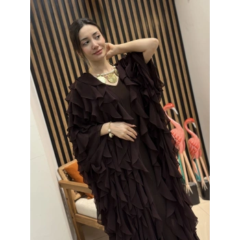 Fırfır Detaylı Şifon Abaya Takım (Kahve)