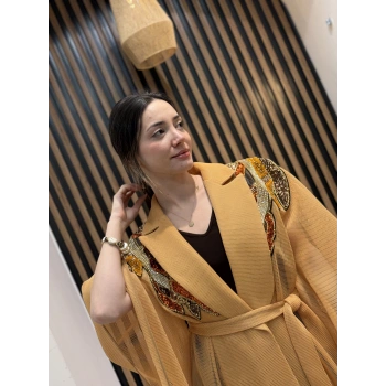Taş İşlemeli File Abaya (Camel)