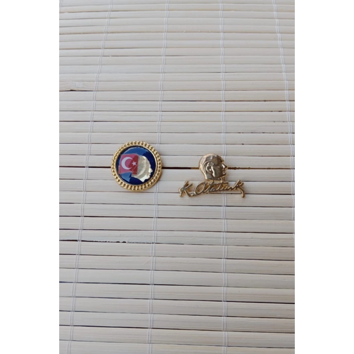 2 Adet Ata rozeti Sari Ataturk siluetli imzali Sarrafiyeli taki ceket yaka ignesi yaka rozeti