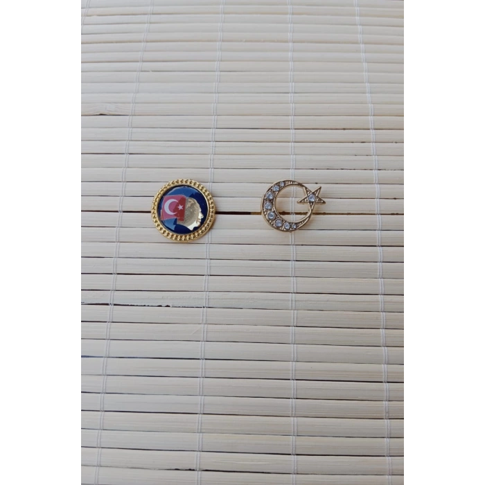 2 Adet Ata rozeti Tasli Sari renkli Ayyildiz Sarrafiyeli Taki ceket yaka ignesi yaka rozeti