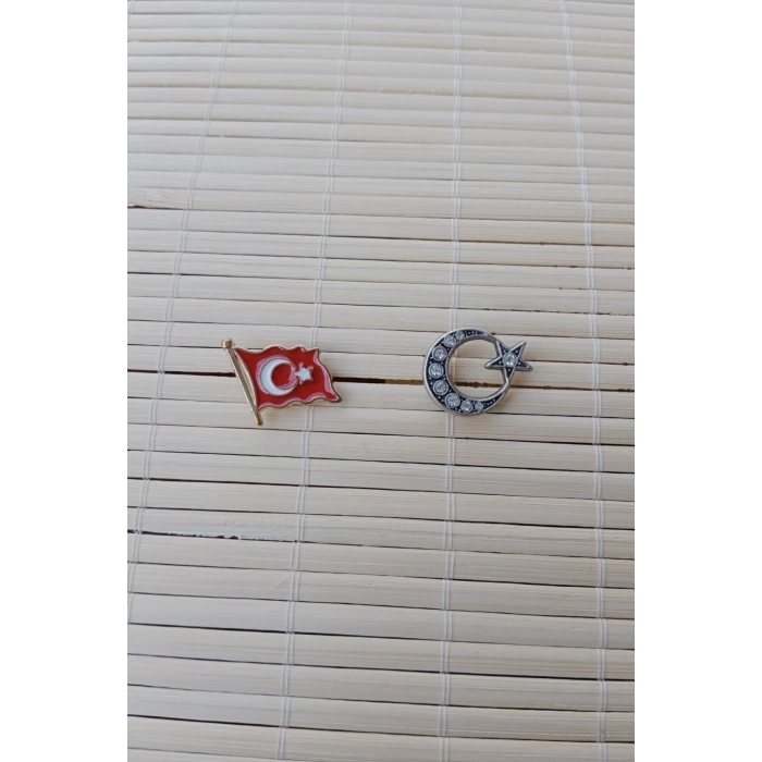 2 Adet Dalgalanan Bayrak ve Beyaz Tasli Ayyildiz Sarrafiyeli Taki ceket yaka ignesi yaka rozeti