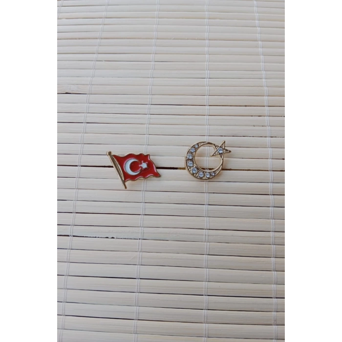 2 Adet Dalgalanan Bayrak ve Tasli Sari renkli Ayyildiz Sarrafiyeli Taki ceket yaka ignesi yaka rozeti