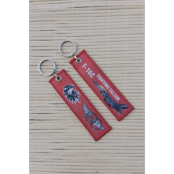 2 Adet F-16C Fighting Falcon yazili Kirmizi beyaz nakis islemeli bez anahtarlik