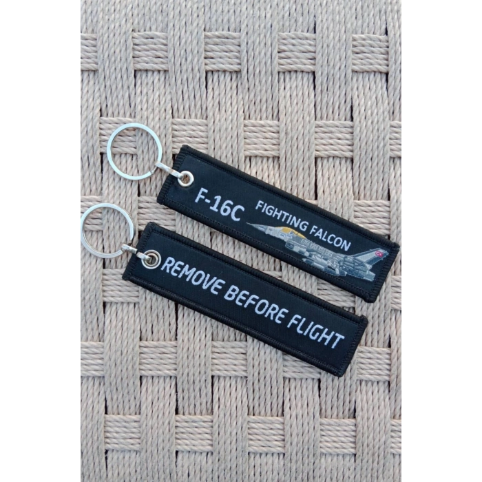 2 Adet F-16C Fighting Falcon Yazili Siyah Beyaz Nakis islemeli Bez Anahtarlik