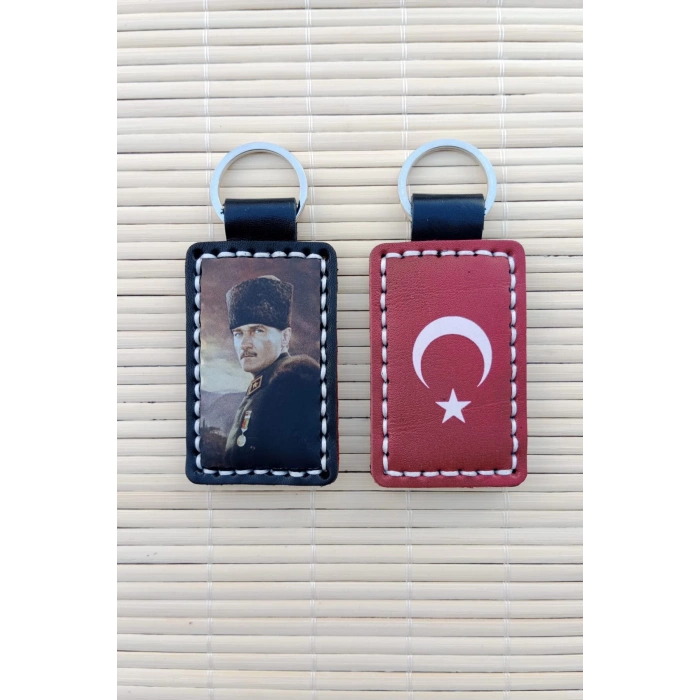 Ozel Tasarim Hakiki Deri Ataturk Siluetli Ayyildiz Hediyelik Anahtarlik