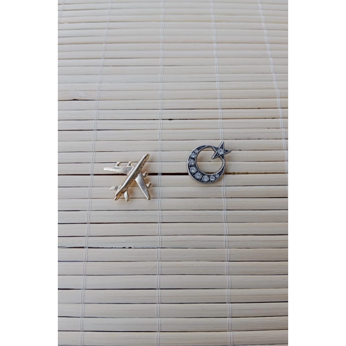 2 Adet Sari renkli ucak maketli Tasli Beyaz renkli Ayyildiz Sarrafiyeli Taki ceket yaka ignesi yaka rozeti