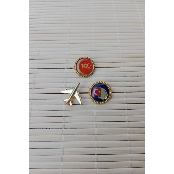 3 Adet 100. yil Ata rozeti Sari renkli ucak maketli Sarrafiyeli Taki ceket yaka ignesi yaka rozeti