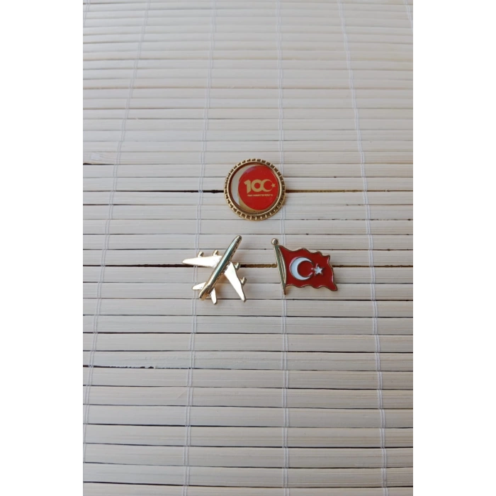 3 Adet 100. yil Dalgalanan Bayrak Sari renkli ucak maketli Sarrafiyeli Taki ceket yaka ignesi yaka rozeti