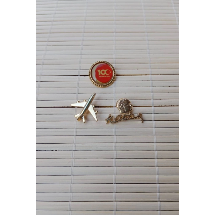 3 Adet 100. yil Sari renkli ucak maketli K.Ataturk siluetli imzali Sarrafiyeli taki ceket yaka ignesi yaka rozeti