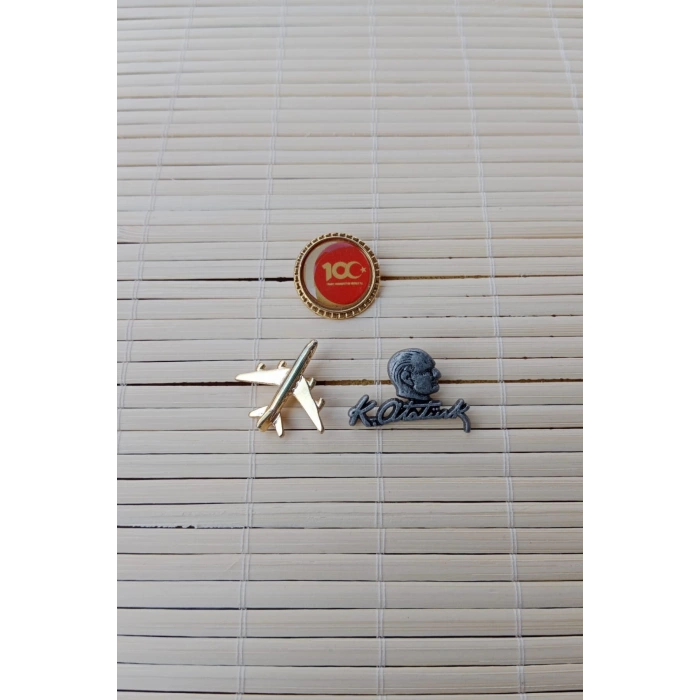 3 Adet 100. yil Sari renkli ucak maketli Siyah K.Ataturk siluetli imzali Sarrafiyeli taki ceket yaka ignesi yaka rozeti