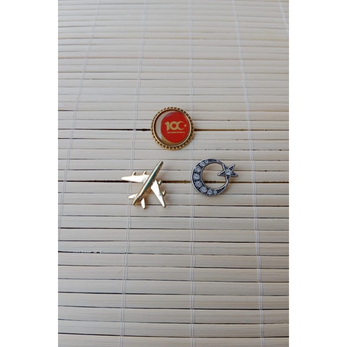 3 Adet 100. yil Sari renkli ucak maketli Tasli Beyaz renkli Ayyildiz Sarrafiyeli Taki ceket yaka ignesi yaka rozeti