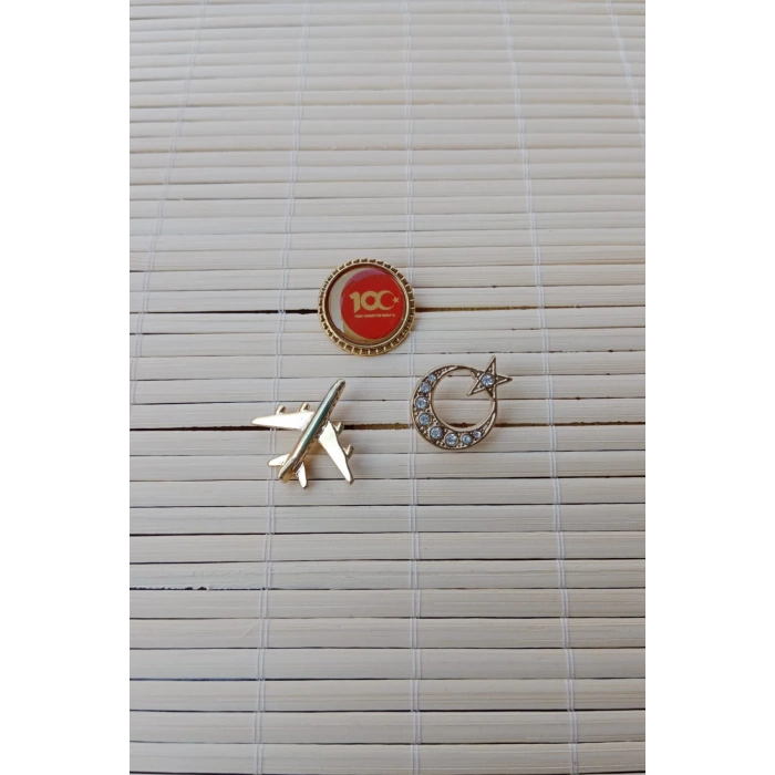 3 Adet 100. yil Sari renkli ucak maketli Tasli Sari renkli Ayyildiz Sarrafiyeli Taki ceket yaka ignesi yaka rozeti