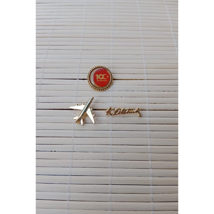 3 Adet 100.yil Sari renkli ucak maketli K.Ataturk imzali Sarrafiyeli Taki ceket yaka ignesi yaka rozeti