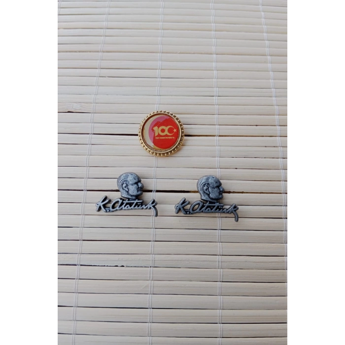 3 Adet 100.yil Siyah renkli Ataturk siluetli imzali Sarrafiyeli taki ceket yaka ignesi yaka rozeti