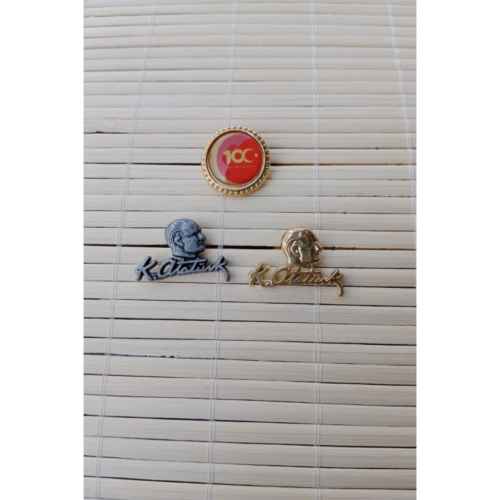 3 Adet 100.yil Siyah ve sari renkli Ataturk siluetli imzali Sarrafiyeli taki ceket yaka ignesi yaka rozeti