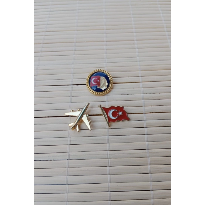 3 Adet Ata rozeti Dalgalanan Bayrak Sari renkli ucak maketli Sarrafiyeli Taki ceket yaka ignesi yaka rozeti