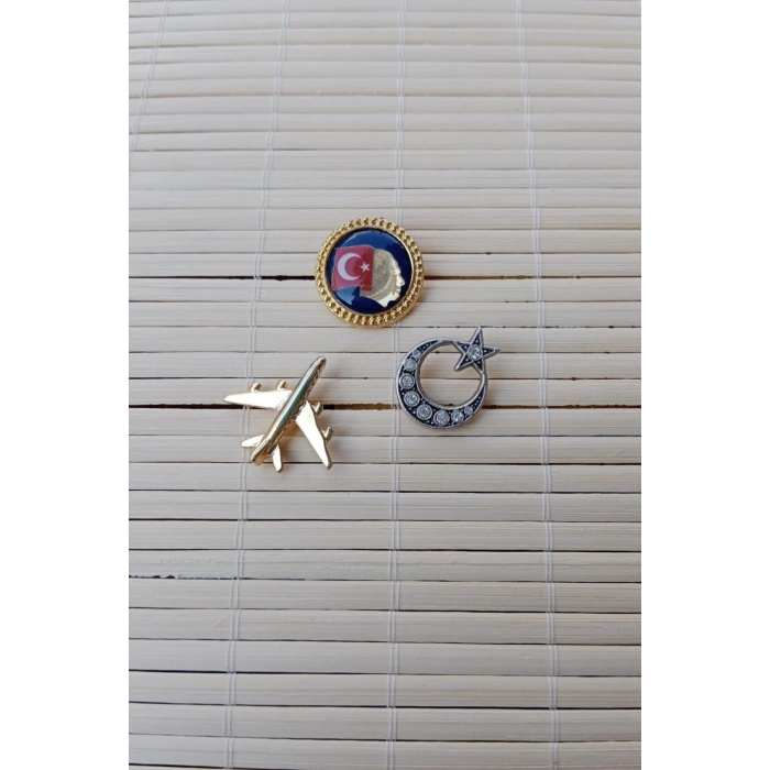 3 Adet Ata rozeti Sari renkli ucak maketli Tasli Beyaz renkli Ayyildiz Sarrafiyeli Taki ceket yaka ignesi yaka rozeti