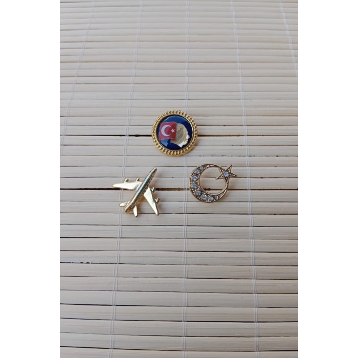 3 Adet Ata rozeti Sari renkli ucak maketli Tasli sari renkli Ayyildiz Sarrafiyeli Taki ceket yaka ignesi yaka rozeti