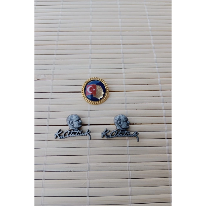 3 Adet Ata rozeti Siyah renkli Ataturk siluetli imzali Sarrafiyeli taki ceket yaka ignesi yaka rozeti