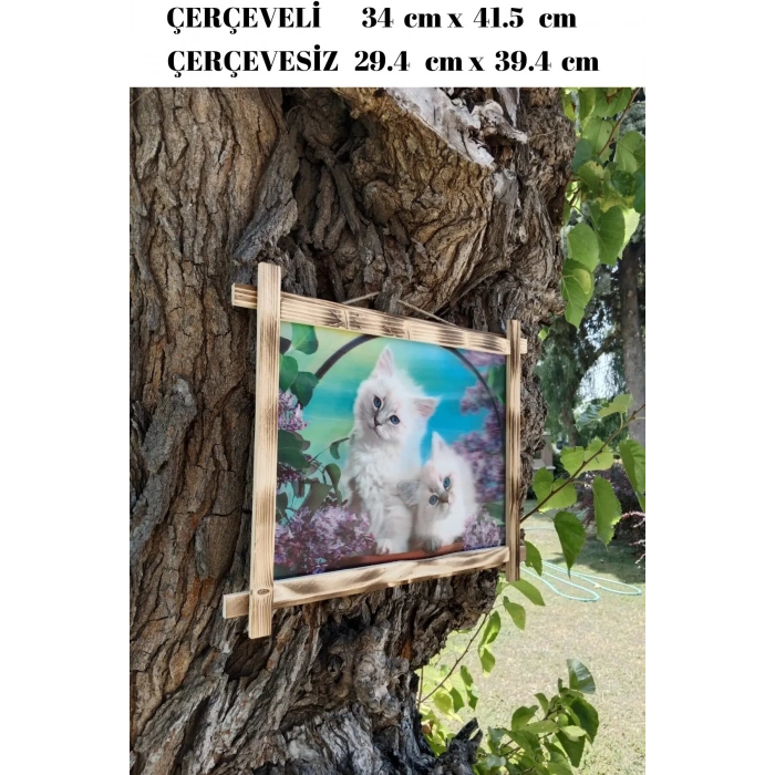 5d recine elmas boyama 180° hareketli 2 li mavi gozlu sevimli kediler cerceveli tablo resim