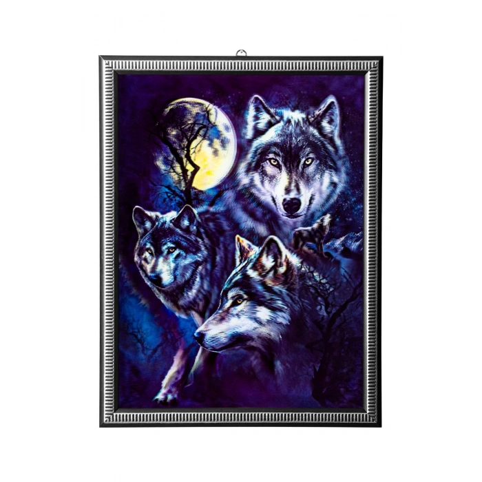 5d recine elmas boyama 180° hareketli 4 lu dolunayda kurtlar cerceveli tablo resim