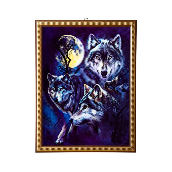 5d recine elmas boyama 180° hareketli 4 lu dolunayda kurtlar cerceveli tablo resim