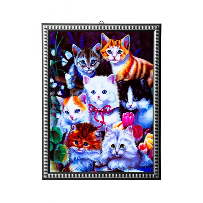 5d recine elmas boyama 180° hareketli 7 li sevimli kediler cerceveli tablo resim