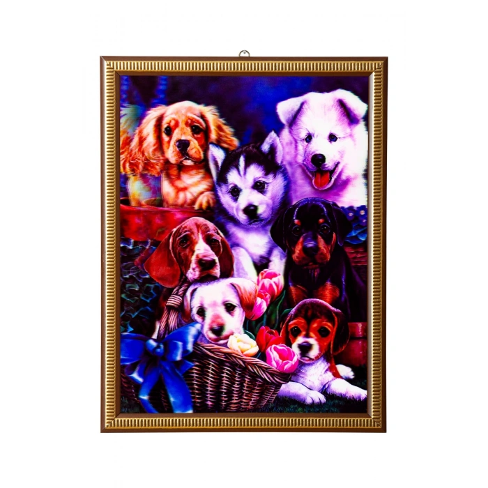 5d recine elmas boyama 180° hareketli 7 li yavru kopekler cerceveli tablo resim