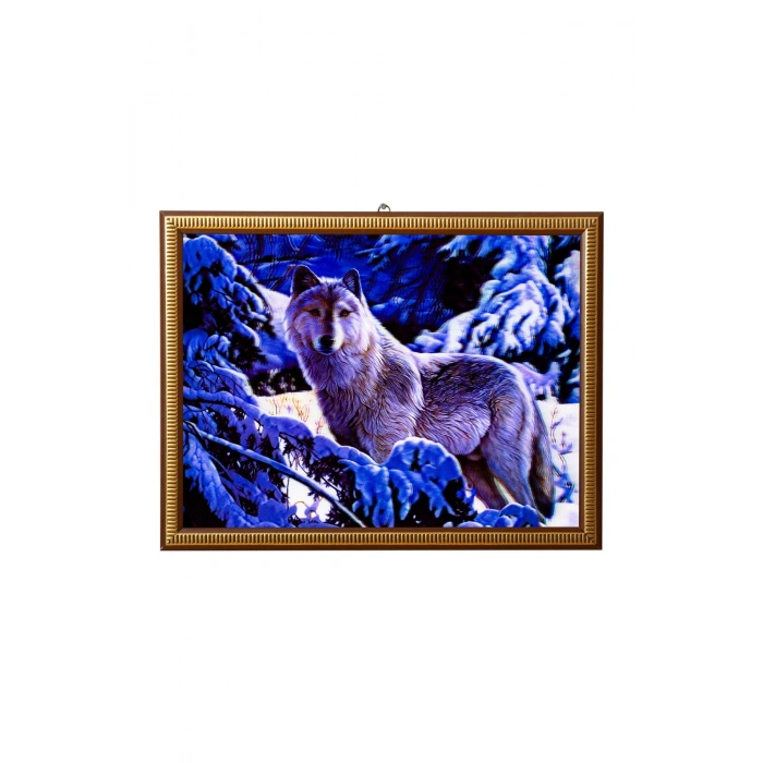 5d recine elmas boyama 180° hareketli beyaz karlardaki kurt cerceveli tablo resim